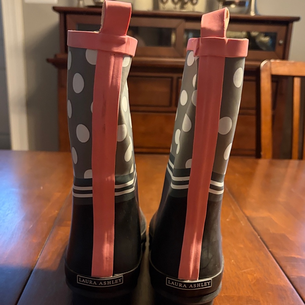 Laura Ashley Gray and Pink Polka Dot Rain Boots